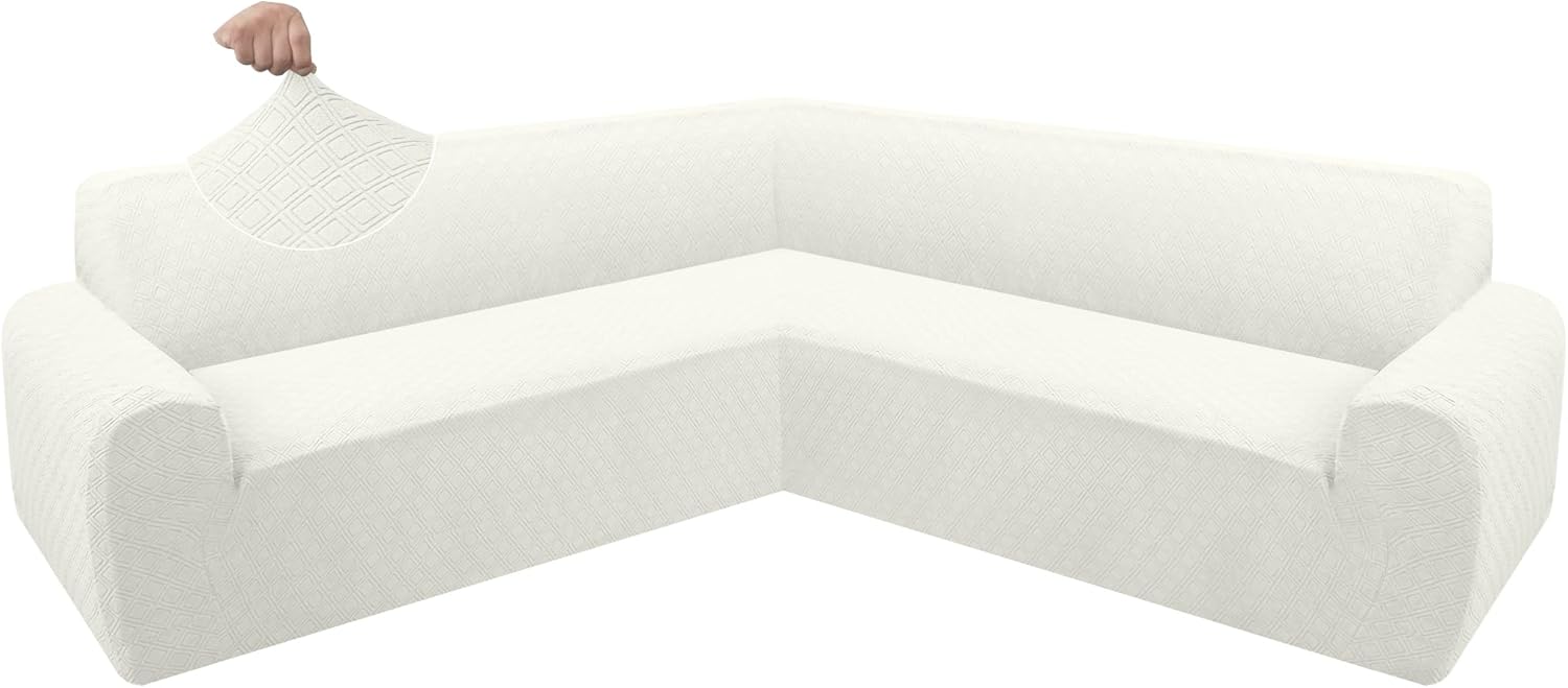 ALIECOM Extra Soft Corner Sectional Sofa Covers L Shaped Couch Cover Sectional Slipcovers with Non Slip Foams Jacquard Stretch U Shape Furniture Protector for Pets Dogs (Ivory White, Large)